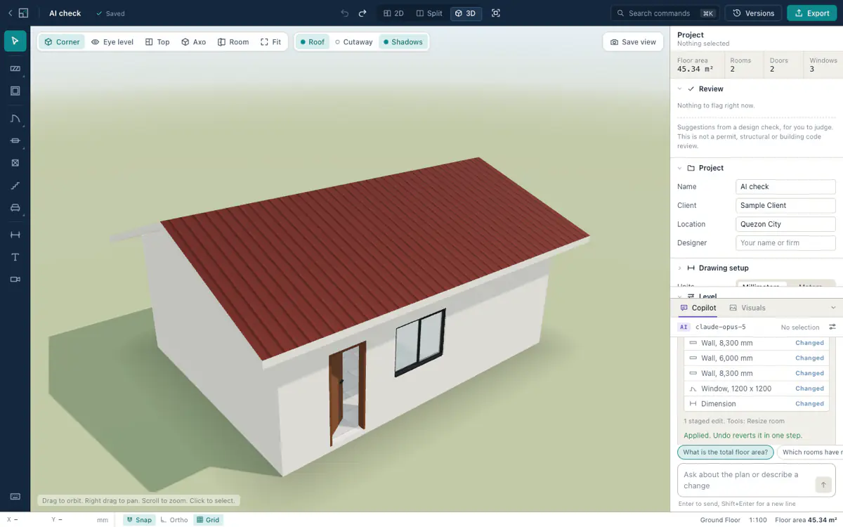 GUHIT Studio on screen: a bungalow in the 3D view with a red metal roof, beside the project inspector and the copilot panel.