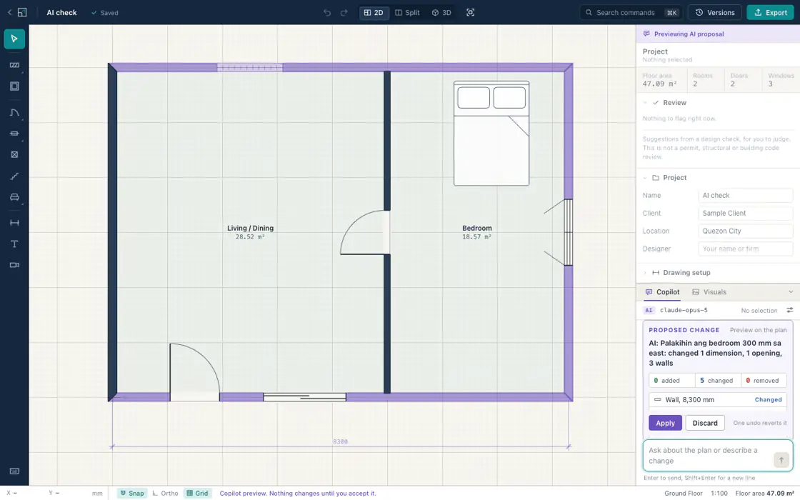 The in-app copilot showing a proposed change in Taglish, with the affected walls previewed in purple on the plan and Apply and Discard buttons.