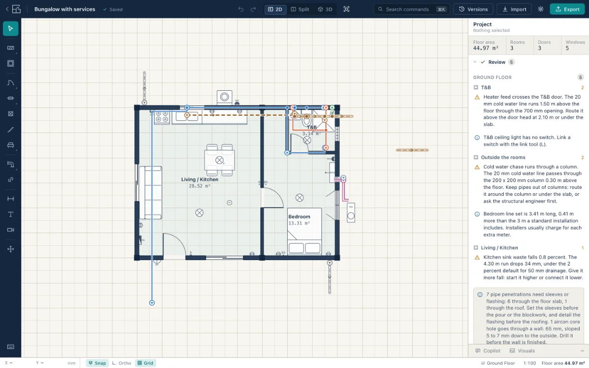 GUHIT Studio showing the bungalow plan with colored water, drainage, storm, conduit and aircon runs, and the review list grouped by room on the right.