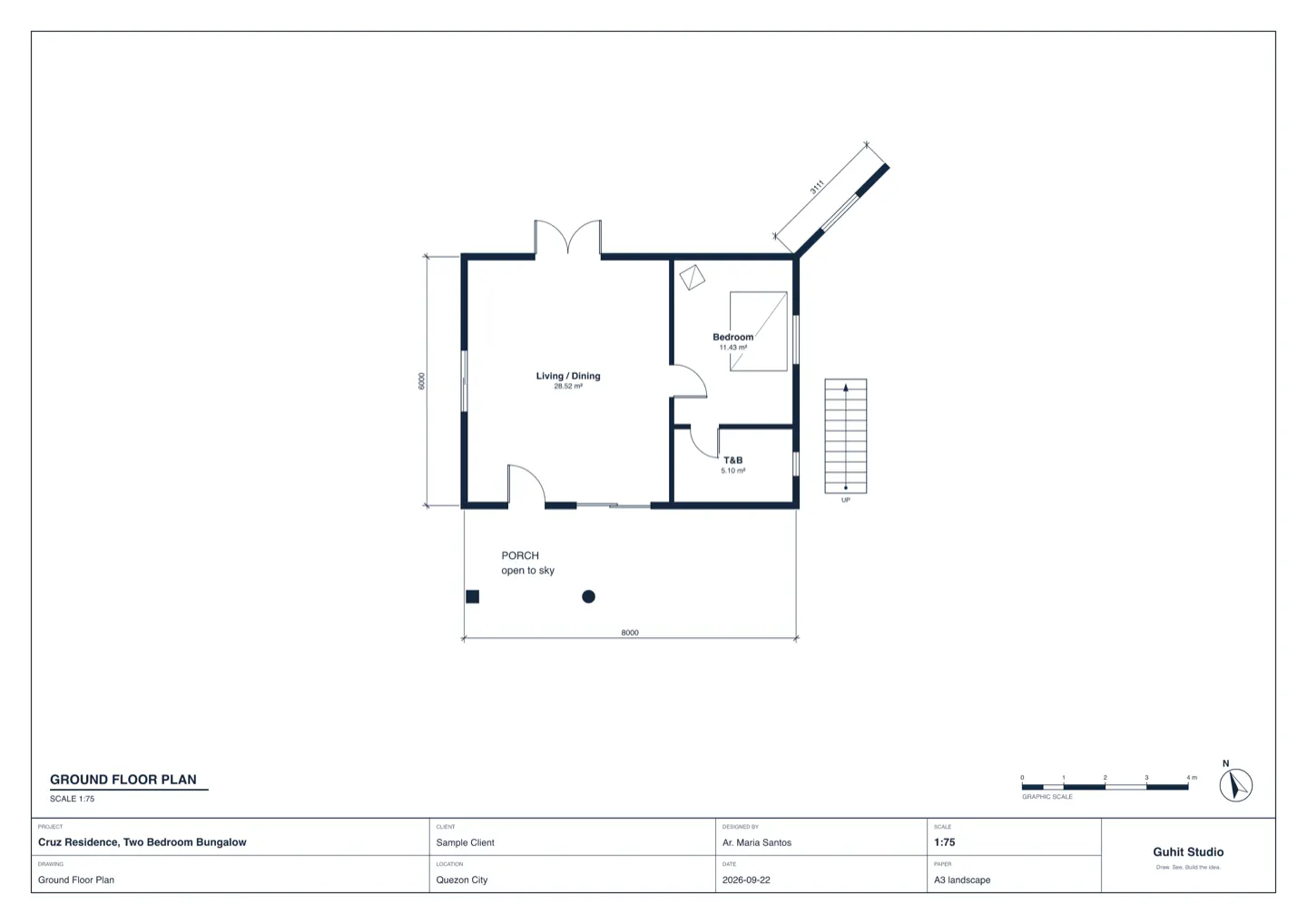 An A3 landscape ground floor plan exported by GUHIT Studio, with dimensions, room areas, a graphic scale, a north arrow and a filled title block.