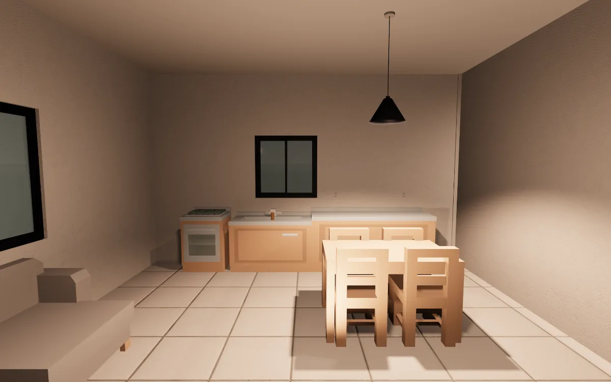 The living room and kitchen at 8 PM, lit by the pendant over the dining table.