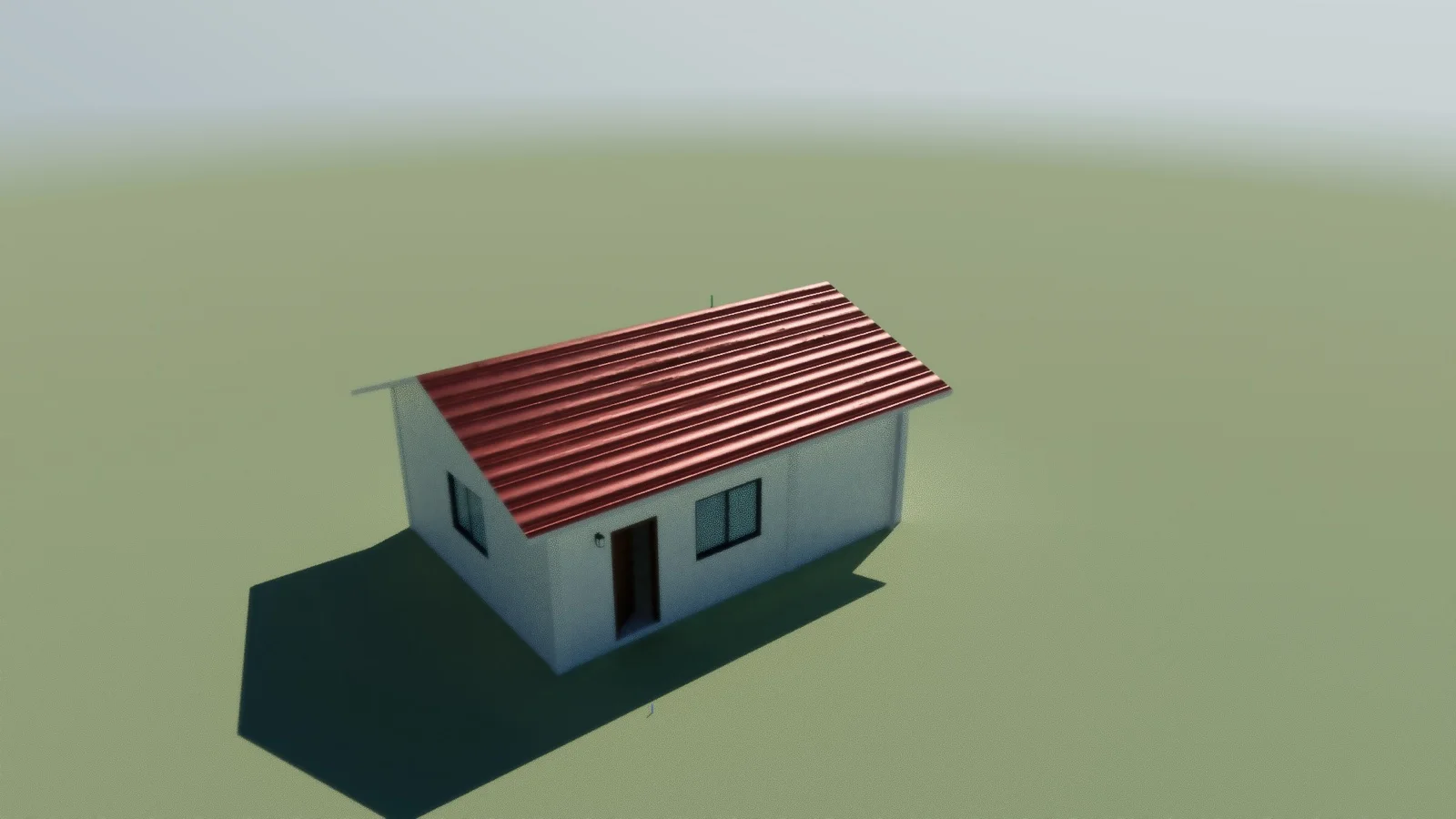 A path traced render of the bungalow at mid morning, with a soft shadow on the lawn.